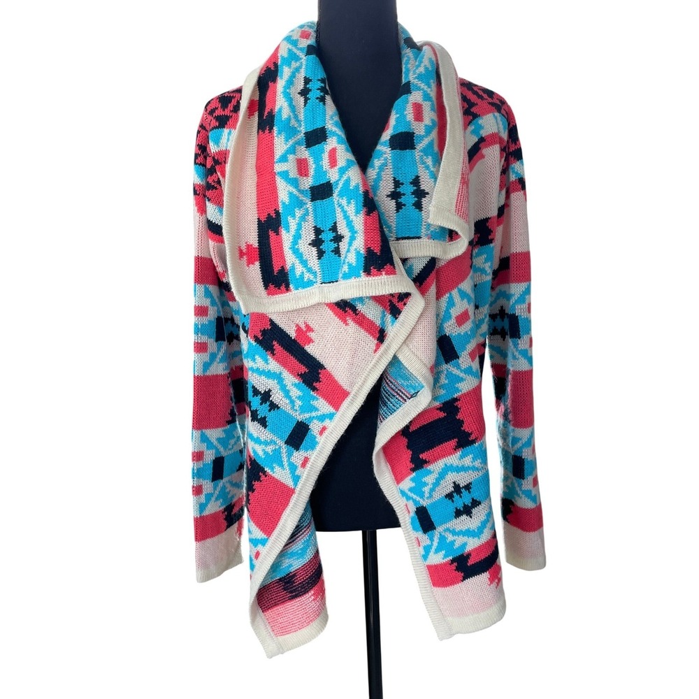 Open Front Knit Cardigan Sweater Womens Size S Colorful Artsy Aztec Southwest